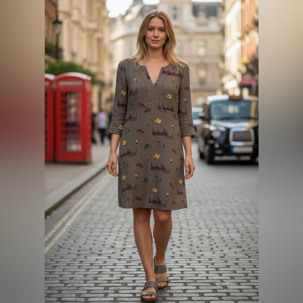 Boden London City Print Long Sleeve V-Neck Dress Size 4